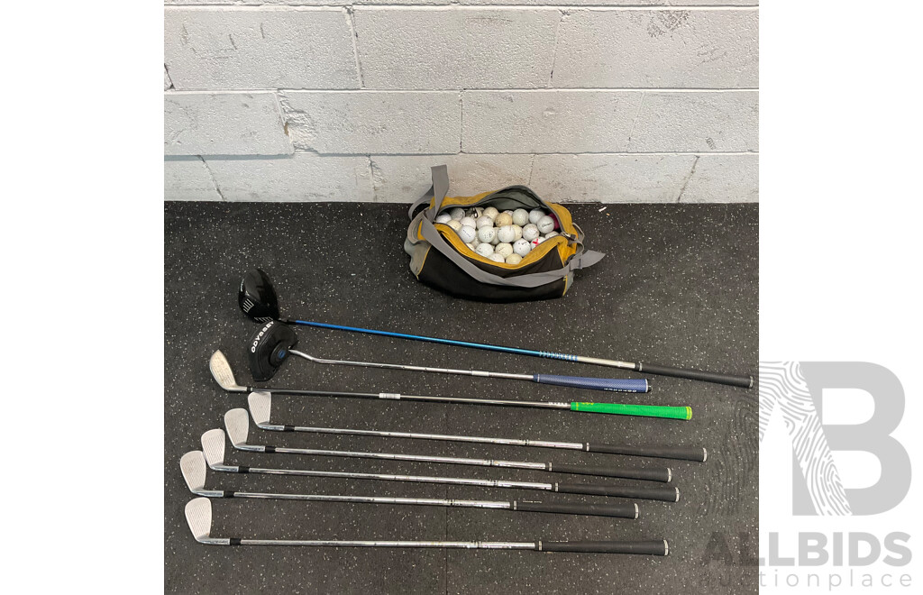Assorted Golf Clubs & 1 Bag Full of Used Golf Balls