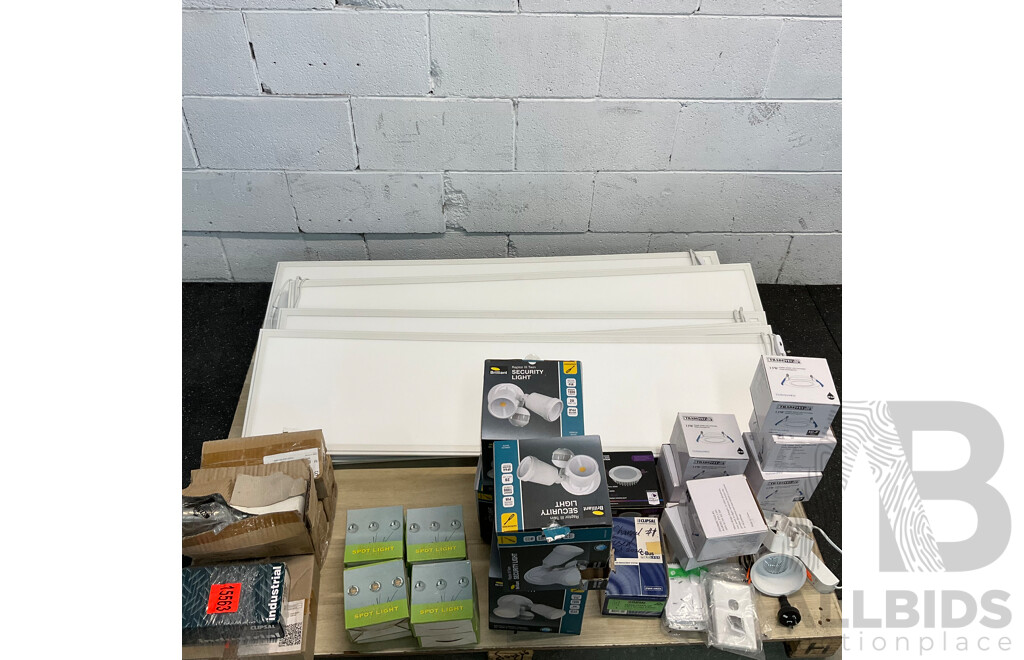 Assorted Light Fittings Includes LED Panels, Spot Lights, and Security Lights & More