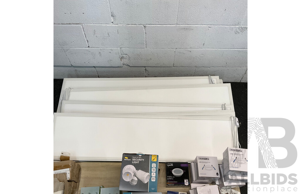 Assorted Light Fittings Includes LED Panels, Spot Lights, and Security Lights & More