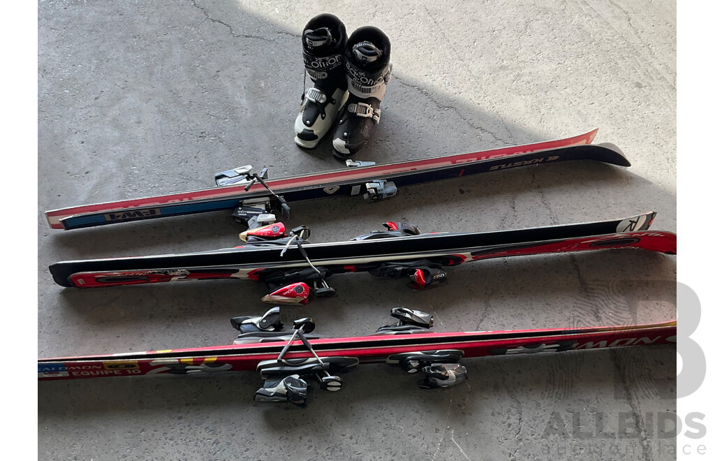 SALOMON Equipe 10 ,KASTLE FW1,Rossignol Zenith Z6 Oversize Ski Board and Salomon Ski Boots Size 26