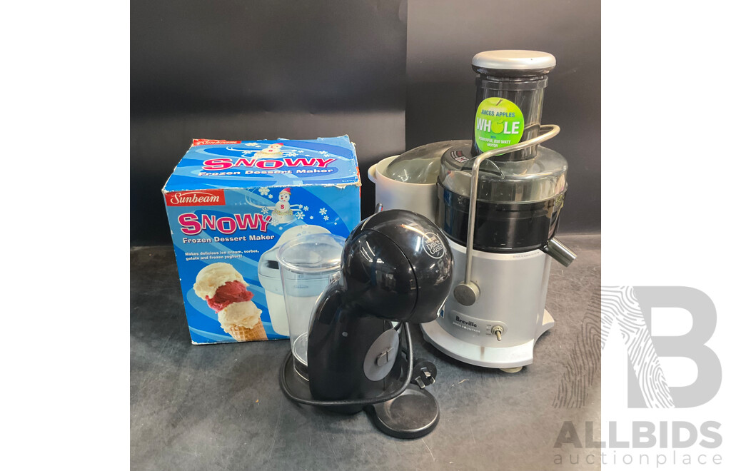 BREVILLE Juice Fountain & Sunbeam Frozen Dessert Maker & NESCAFE Dolce Gusto Coffee Machine - Lot of 3