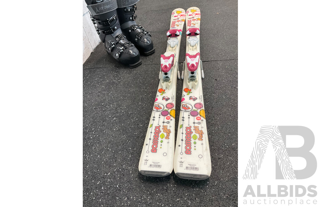 ATOMIC Ski Boots and Rossignol Girls Skis - Lot of 2