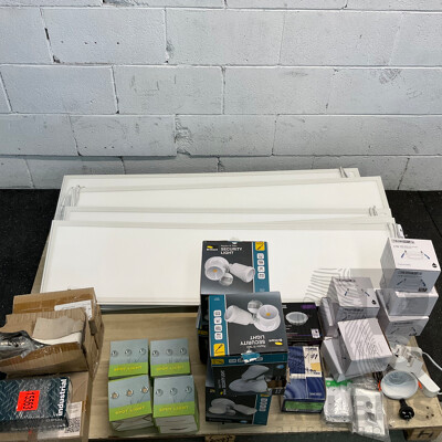 Assorted Light Fittings Includes LED Panels, Spot Lights, and Security Lights & More