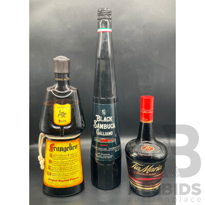 FRANGELICO 1.0L, GALLIAO Black Sambuce 1.0L, TIA MARIA 700ml - Lot of 3