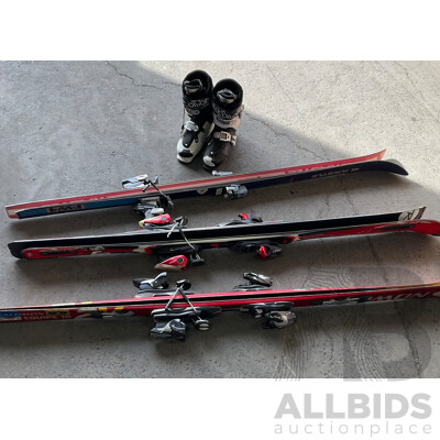 SALOMON Equipe 10 ,KASTLE FW1,Rossignol Zenith Z6 Oversize Ski Board and Salomon Ski Boots Size 26