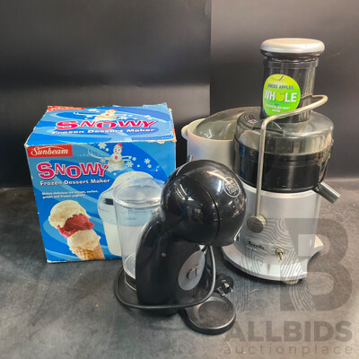 BREVILLE Juice Fountain & Sunbeam Frozen Dessert Maker & NESCAFE Dolce Gusto Coffee Machine - Lot of 3