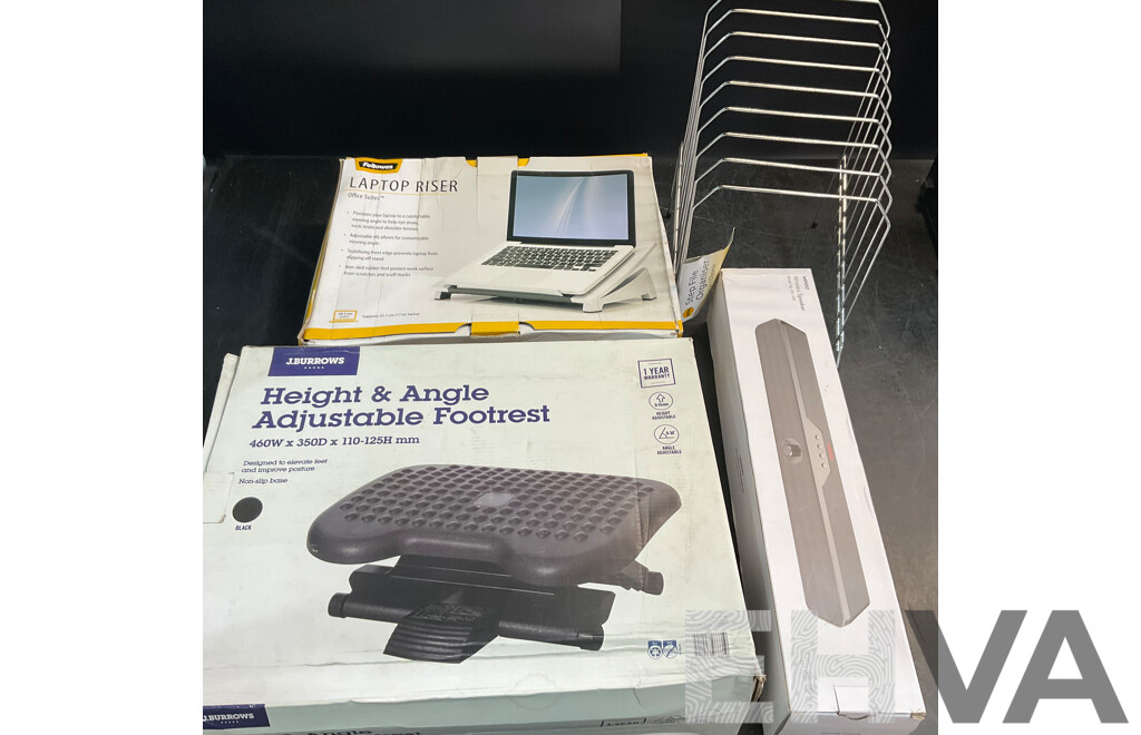 J.BURROWS Adjustable Footrest & FELLOWS Laptop Riser & Step File Organizer & MINISO Wireless Speaker