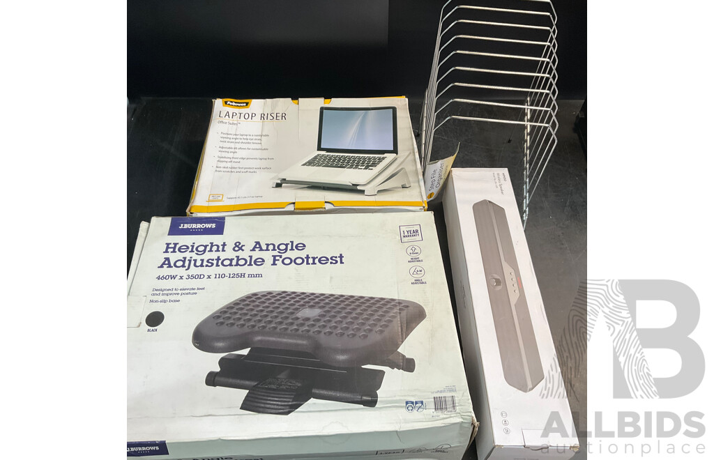 J.BURROWS Adjustable Footrest & FELLOWS Laptop Riser & Step File Organizer & MINISO Wireless Speaker