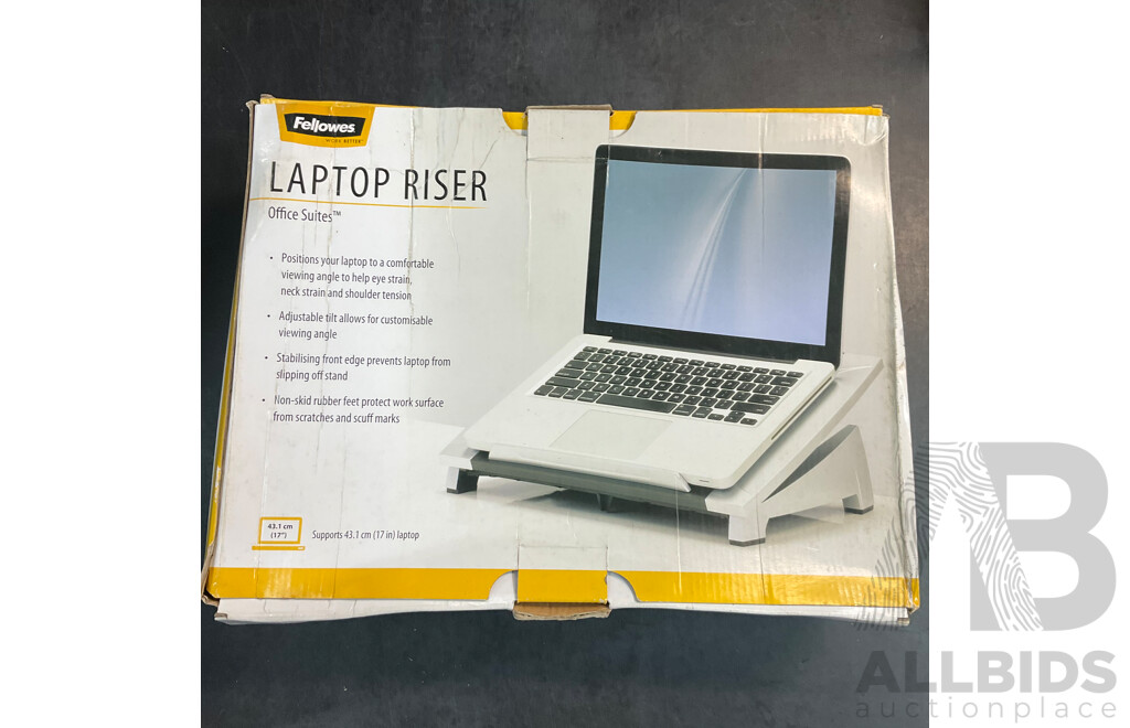 J.BURROWS Adjustable Footrest & FELLOWS Laptop Riser & Step File Organizer & MINISO Wireless Speaker