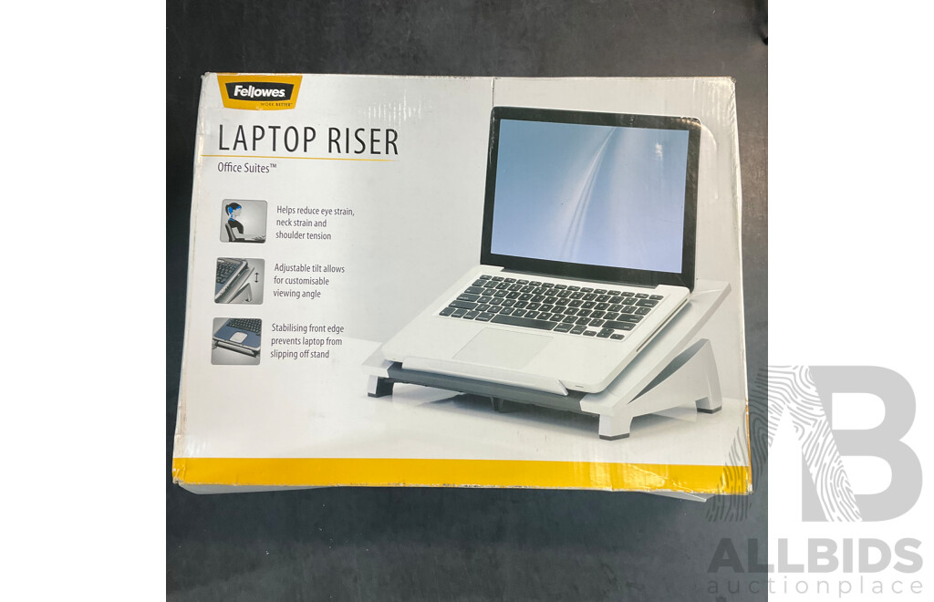 J.BURROWS Adjustable Footrest & FELLOWS Laptop Riser & Step File Organizer & MINISO Wireless Speaker