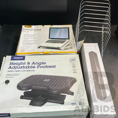 J.BURROWS Adjustable Footrest & FELLOWS Laptop Riser & Step File Organizer & MINISO Wireless Speaker