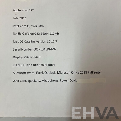 APPLE 2012  I5 8GB RAM 1TB Hard Drive 27'' IMAC