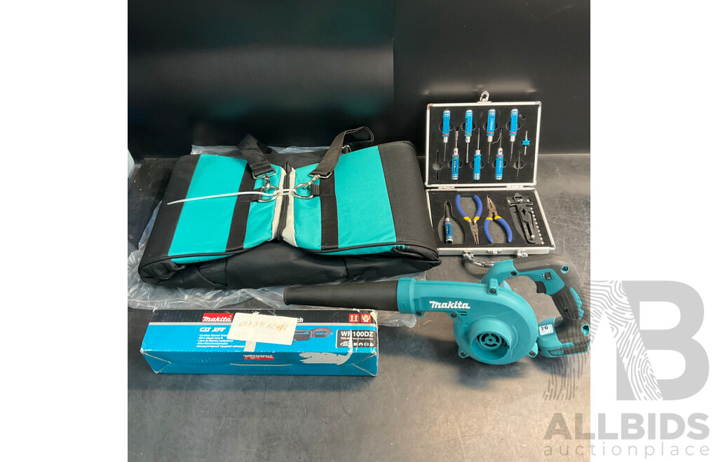 MAKITA DUB135 18V Blower & WR100DZ Cordless Ratchet Wrench & Tools Carry Bag & LUCK Tool Box - Lot of 4