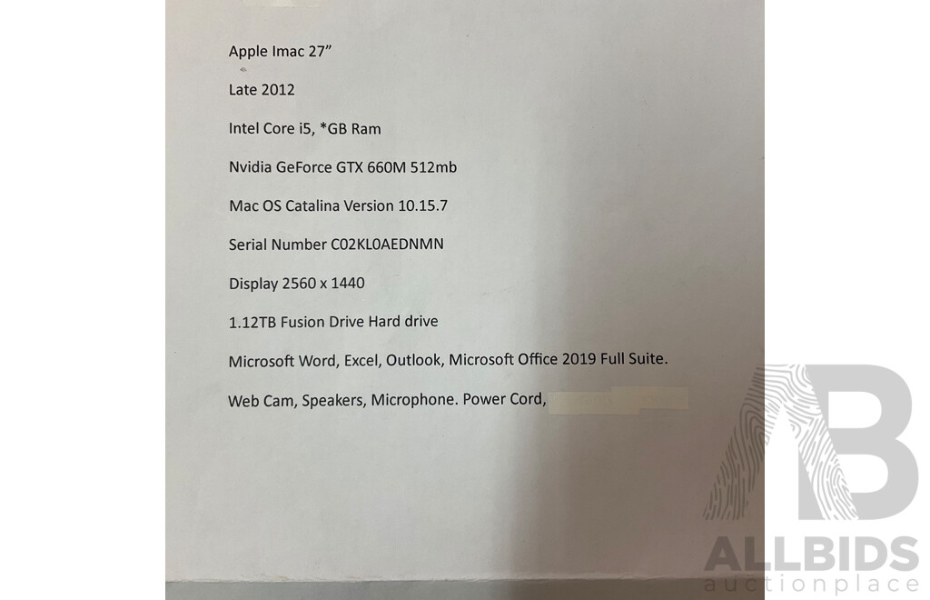 APPLE 2012  I5 8GB RAM 1TB Hard Drive 27'' IMAC