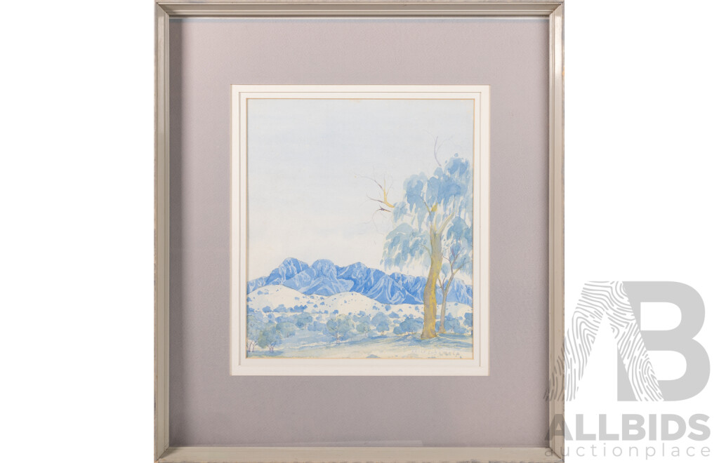 Adolf Inkamala, (20th Century, Indigenous-Australian, 1914-1960) Central Australian Landscape with Mountain Range, Watercolour, 52 X 45 Cm (frame)