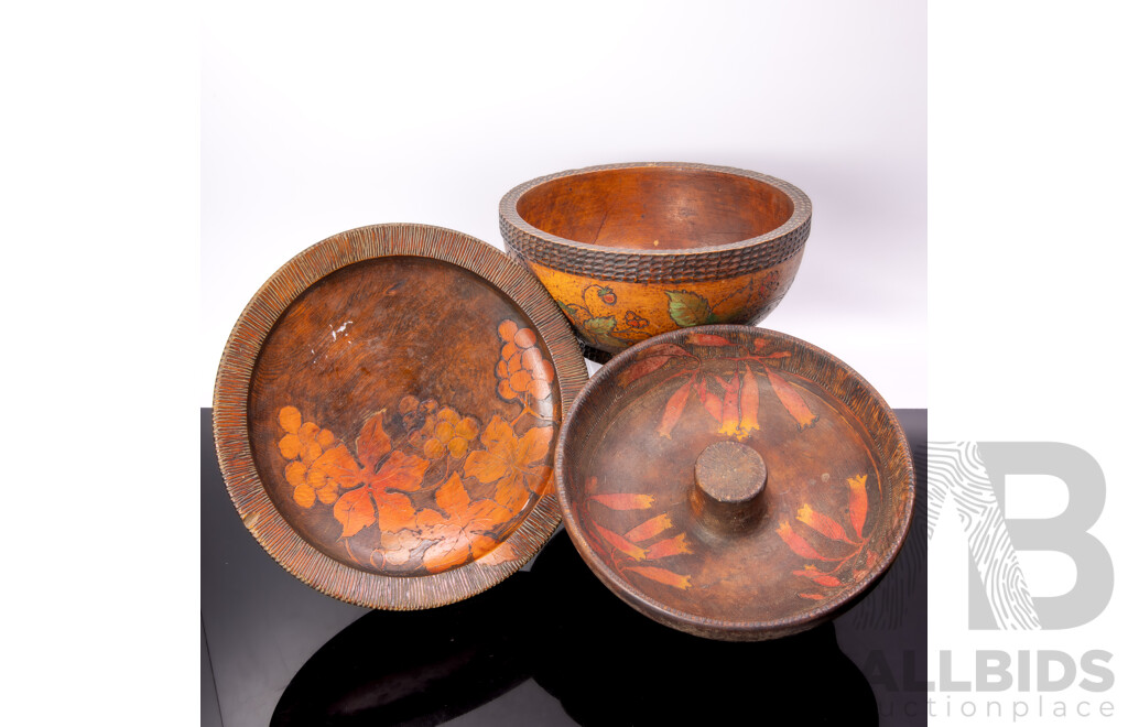 Three Wooden Bowls With Pyrographed And Painted Decoration