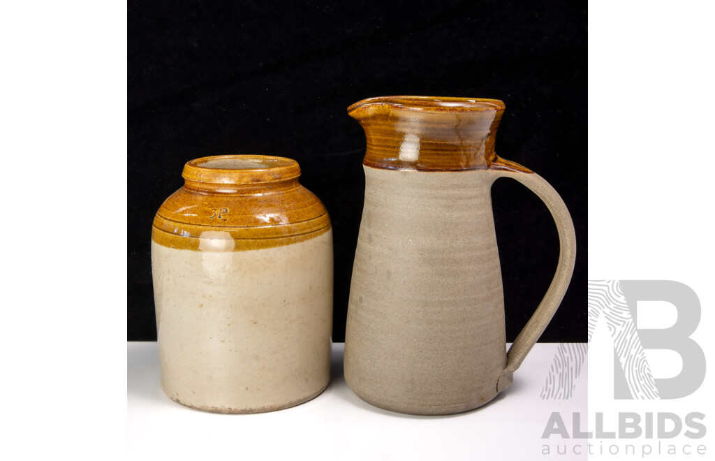 Australian Studio Pottery Jug by Peter Blakebrough for Sturt Pottery, Circa 1962 to 72, Along with Bendigo Pottery Crock
