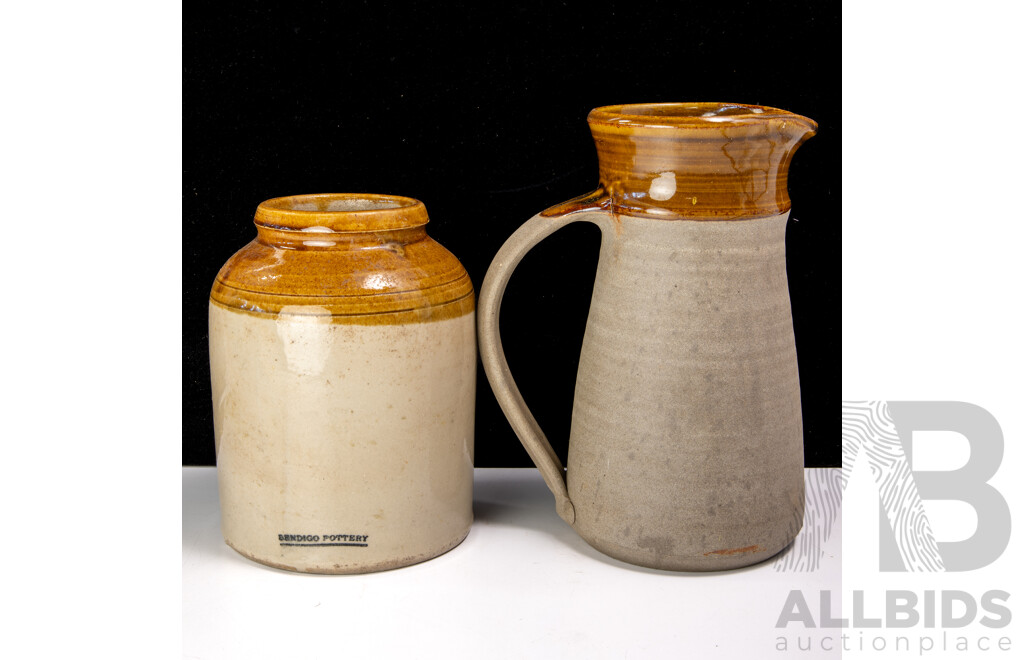 Australian Studio Pottery Jug by Peter Blakebrough for Sturt Pottery, Circa 1962 to 72, Along with Bendigo Pottery Crock