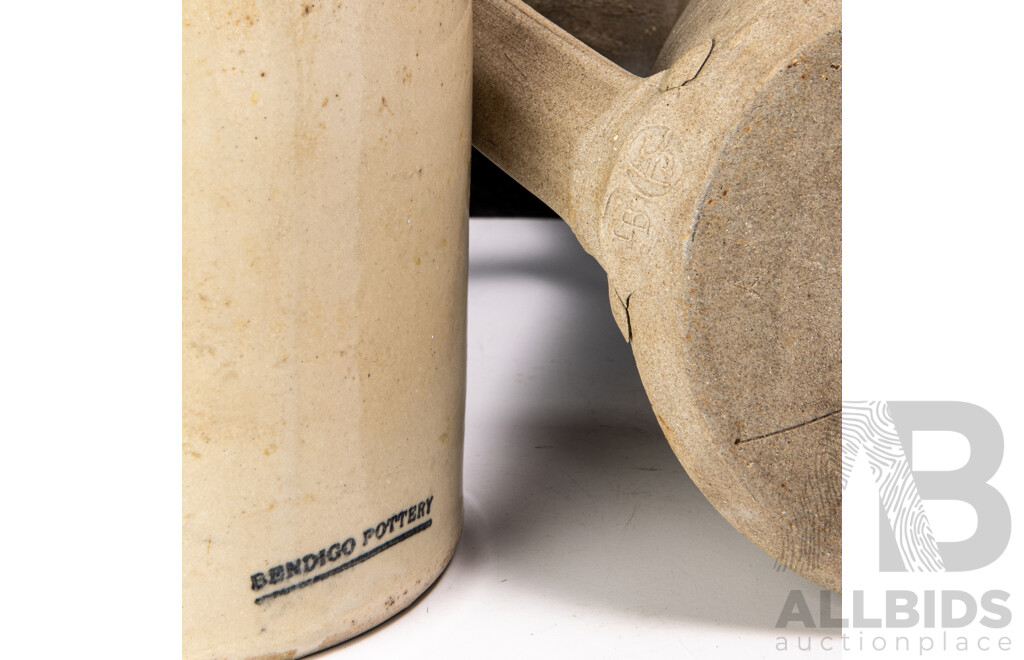 Australian Studio Pottery Jug by Peter Blakebrough for Sturt Pottery, Circa 1962 to 72, Along with Bendigo Pottery Crock