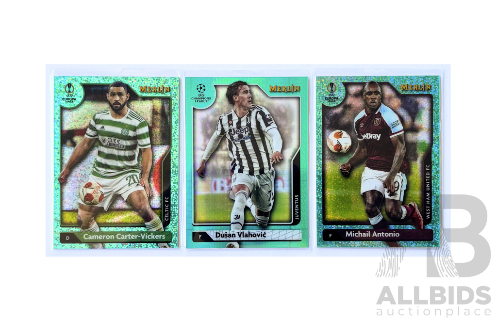 Green Merlin Chrome Refractor Soccer Cards Featuring Carter-Vickers, Vlahovi and Antonio