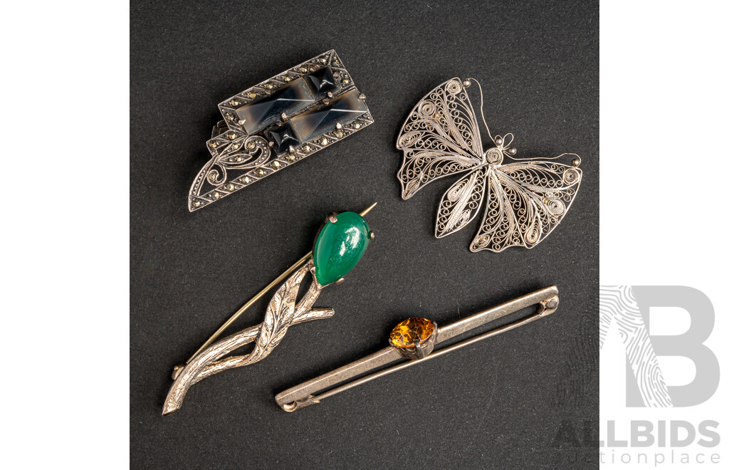 Vintage Sterling Silver & Gemstone (4) Brooch Collection, 17.15 Grams