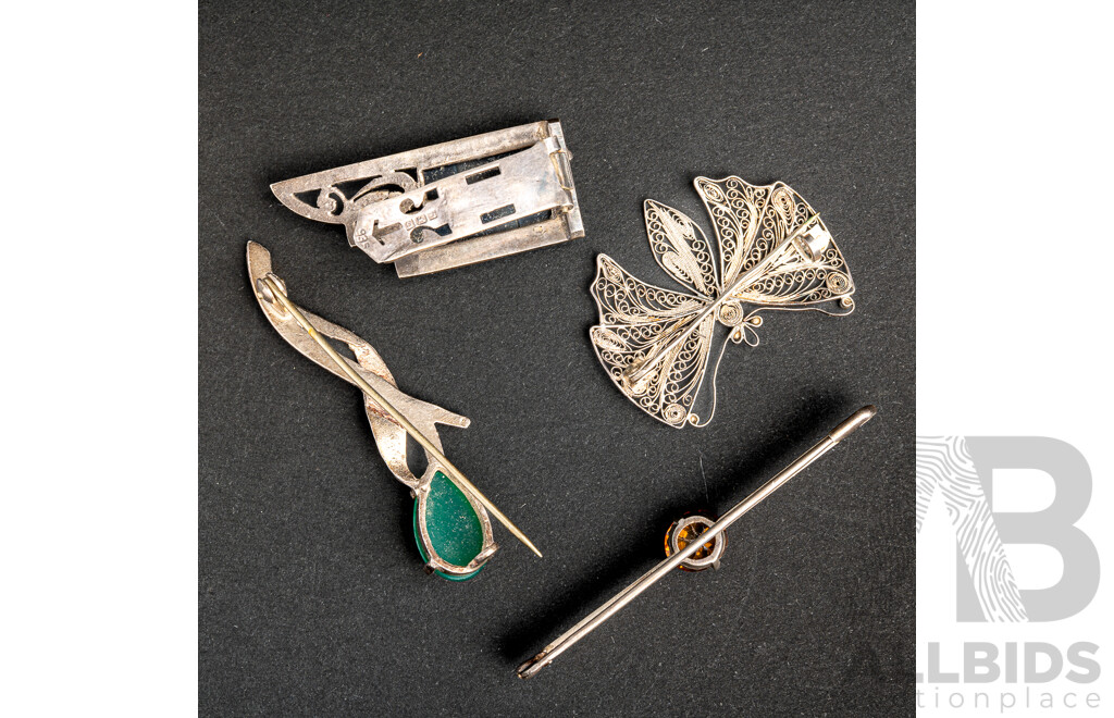 Vintage Sterling Silver & Gemstone (4) Brooch Collection, 17.15 Grams