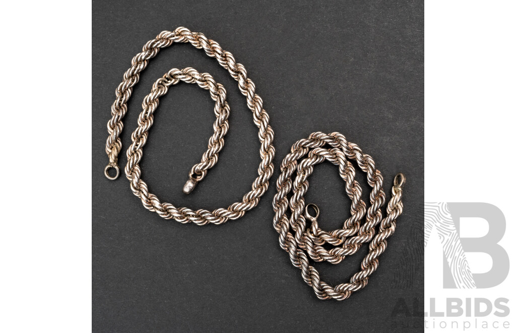 Vintage Sterling Silver Rope Link Bracelets, (2) Designed for Padlock Clasps, 21cm Each, 20.71 Grams