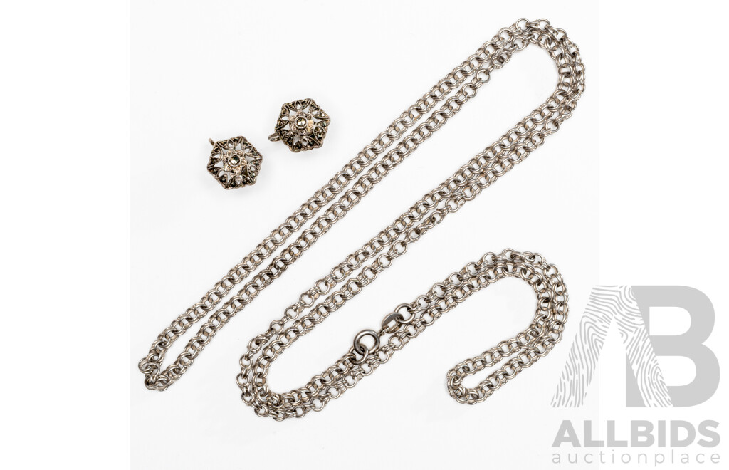 Vintage Sterling Silver Fancy Wire Belcher Necklace, 78cm & Vintage SS Marcasite Clip on Earrings, 22.41 Grams