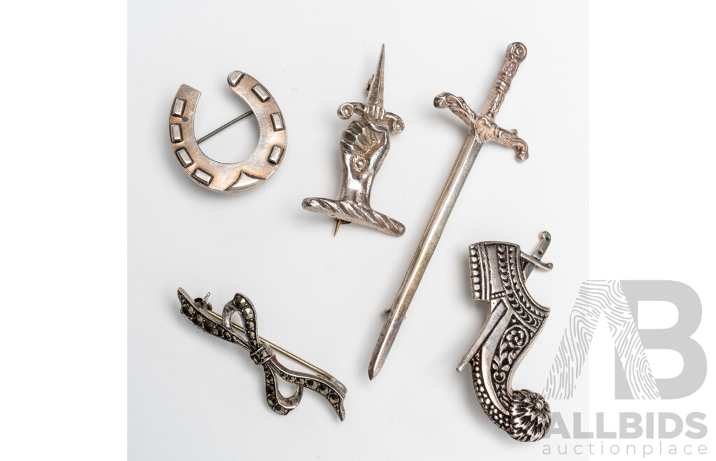Vintage (5) Interesting Sterling Silver Brooches, 25.78 Grams