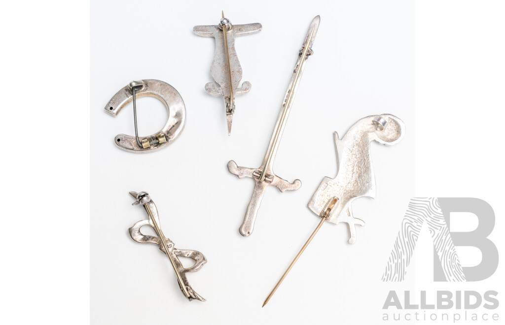 Vintage (5) Interesting Sterling Silver Brooches, 25.78 Grams