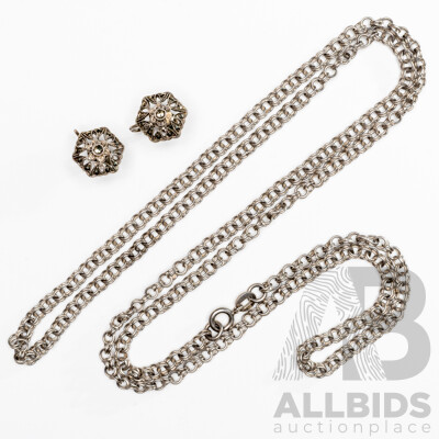 Vintage Sterling Silver Fancy Wire Belcher Necklace, 78cm & Vintage SS Marcasite Clip on Earrings, 22.41 Grams