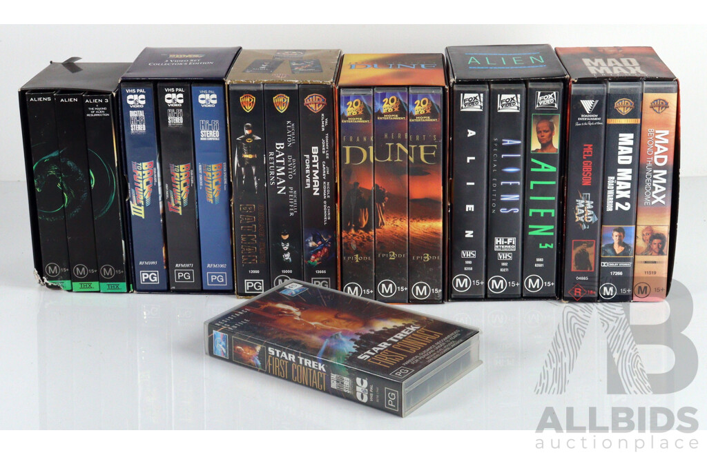 Collection Retro VHS Box Sets Including Two Alien Trilogy Examples, Mad Max Trilogy, Back to the Future Trilogy, Dune Trilogy and More