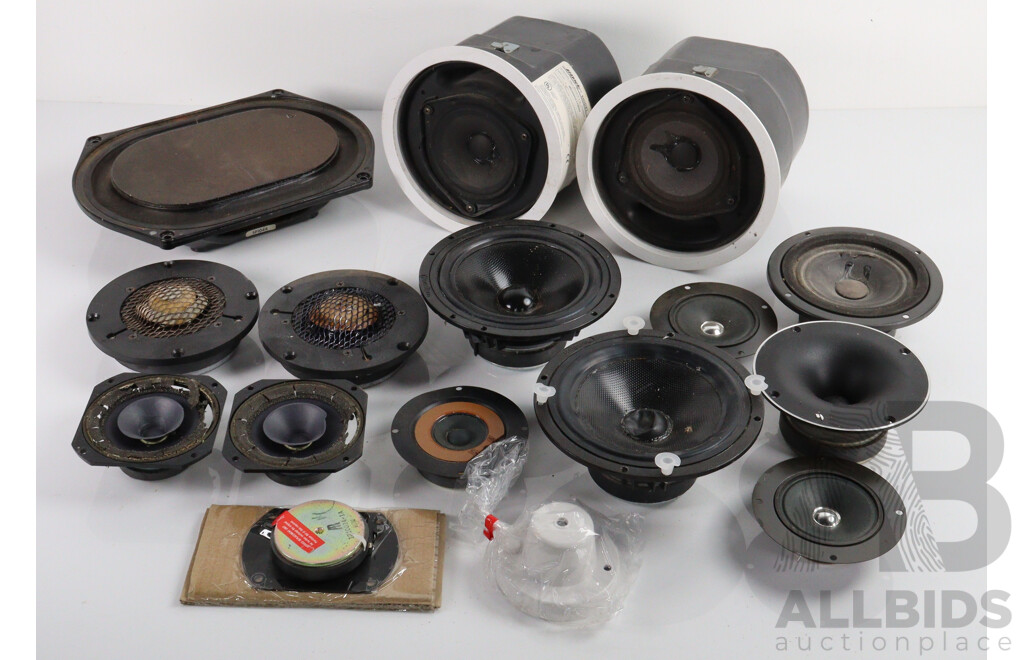 Large Collection Quality Speaker Parts Including Pair Bose Model 32 Loudspeakers, Pair New Paradigm 6inch and Much More, Most Unused in Original Boxes