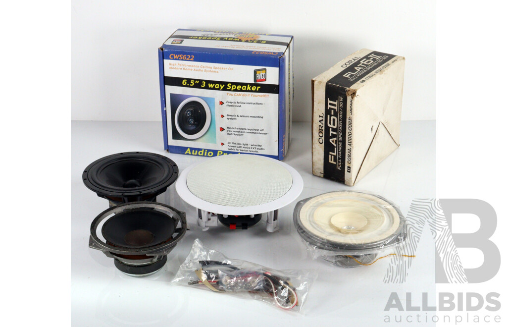 Large Collection Quality Speaker Parts Comprising Pair Paradigm Compact a Monitor Cones, Avico CWS622 Ceiling Speaker in Box, Coral Flat6 II in Box