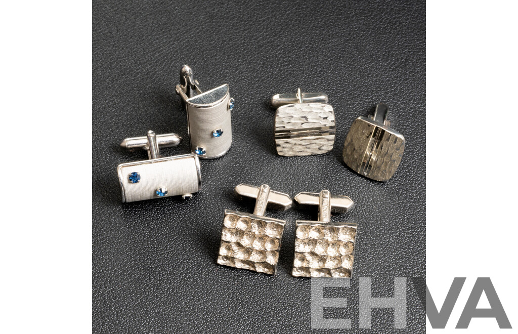 Sterling Silver Vintage Cuff Links (W.Germany) & 2 Prs Vintage Silver Tone Textured Cuff Links