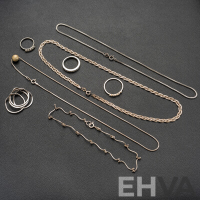 Collection of Sterling Silver Necklaces and Rings, 30.78 Grams