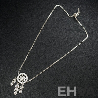 Sterling Silver Cz Dream Catcher Slider Bracelet, as New, Adjustable Length Up to 24cm, 4.74 Grams