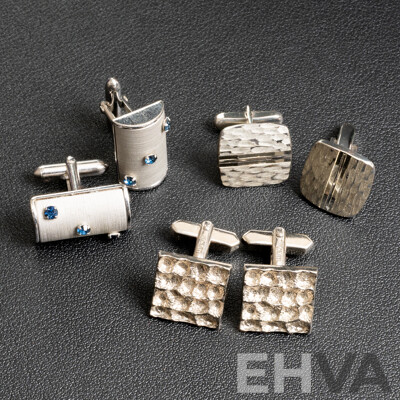 Sterling Silver Vintage Cuff Links (W.Germany) & 2 Prs Vintage Silver Tone Textured Cuff Links