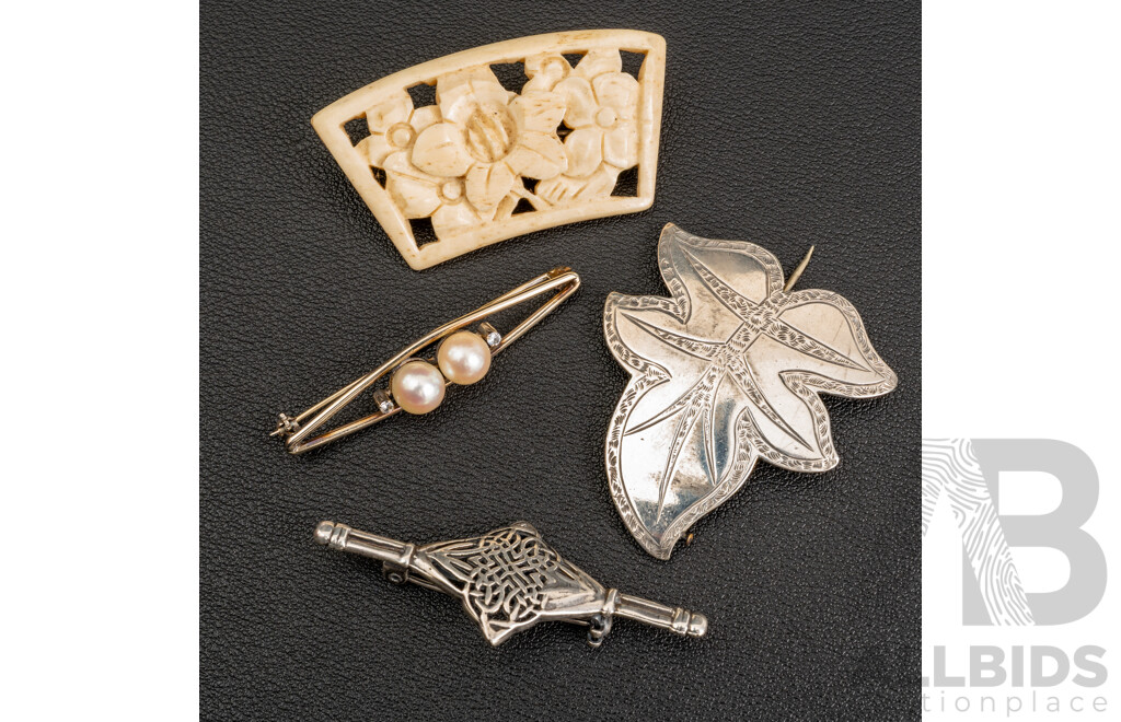 Collection of (3) Sterling Silver Vintage Brooches & Carved Bone Brooch Incl. Cultured Pearl & Sapphire Bar Brooch, 24.12 Grams