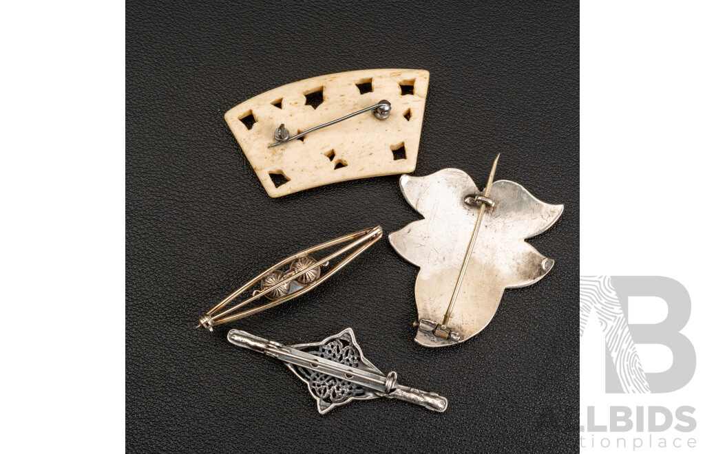 Collection of (3) Sterling Silver Vintage Brooches & Carved Bone Brooch Incl. Cultured Pearl & Sapphire Bar Brooch, 24.12 Grams