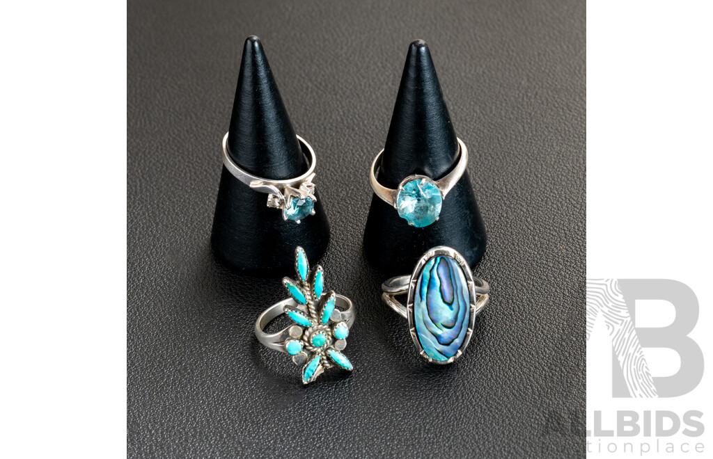 Collection of (4) Vintage Sterling Silver Rings Including Turquoise, Topaz, Tourmaline and Paua Shell, 13.63 Grams