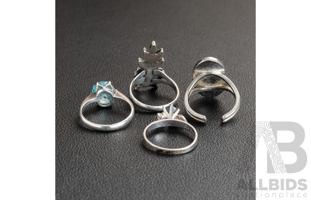 Collection of (4) Vintage Sterling Silver Rings Including Turquoise, Topaz, Tourmaline and Paua Shell, 13.63 Grams