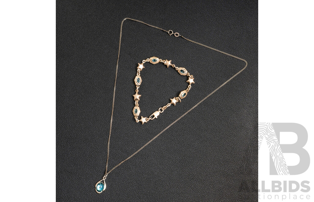 Sterling Silver Topaz Cabochon Pendant & Chain & Sterling Silver Star Bracelet with Topaz Gemstones, 10.79 Grams