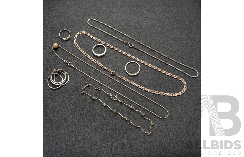 Collection of Sterling Silver Necklaces and Rings, 30.78 Grams