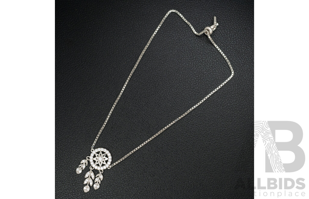 Sterling Silver Cz Dream Catcher Slider Bracelet, as New, Adjustable Length Up to 24cm, 4.74 Grams