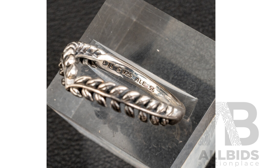 Pandora Sterling Silver Leaf Ring, Size P with Sterling Silver Snake Chain Bead Bracelet, 18.5cm, 13.88 Grams