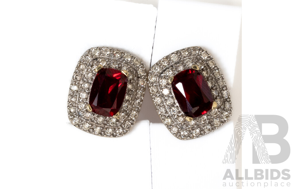 9ct A&C Diamond & Created Ruby Stud Earrings, Est TDW 0.38ct, 3.14 Grams