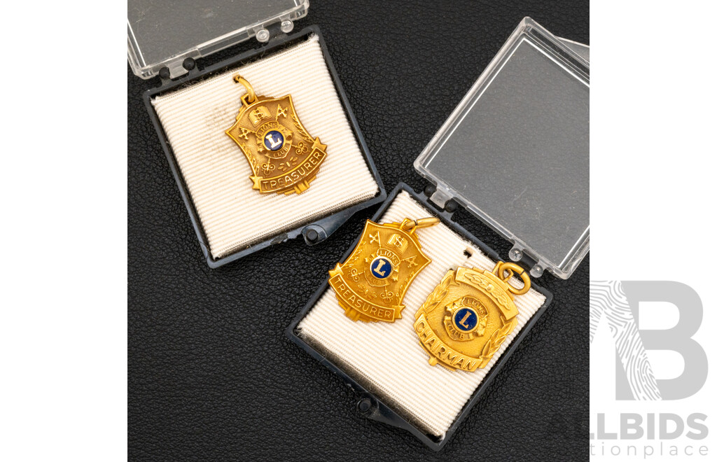 Lions Club (3) Vintage 1/5 10K GF Medallion Pendants, Chairman/Treasurer, 20mm X 15mm Each