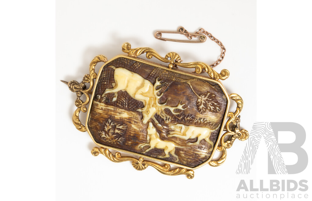 15ct Antique Art Nouveau Carved Horn Brooch with Stag & Hunting Dogs, 45mm X 65mm, 14.31 Grams