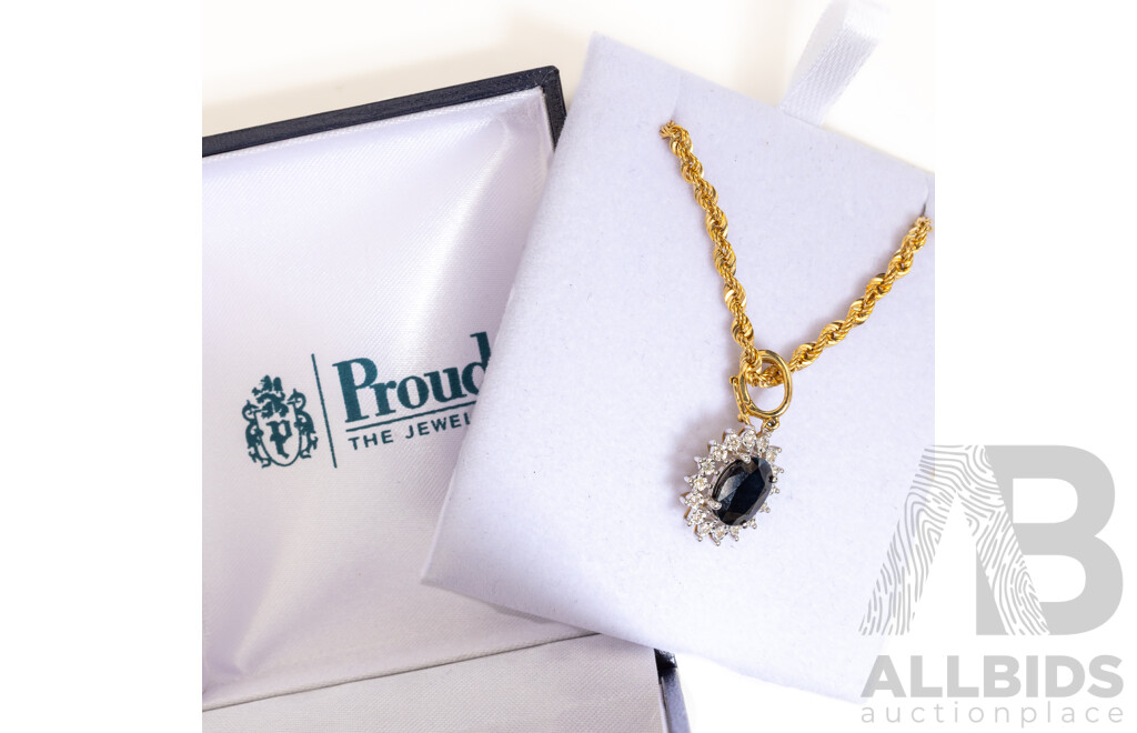 Prouds - NEW 9ct Sapphire & Diamond Enhancer Pendant on 9ct Rope Link Chain, in Box, 5.22 Grams